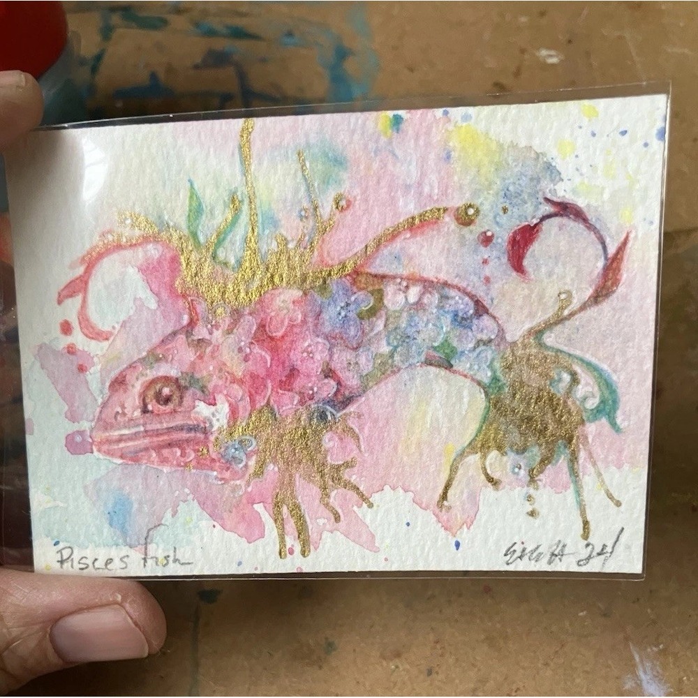 ACEO Original painting koi Pisces Fish Watercolor Art Zodiac Gold floral Accents